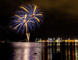 Blue and gold fireworks burst in the sky over the water.