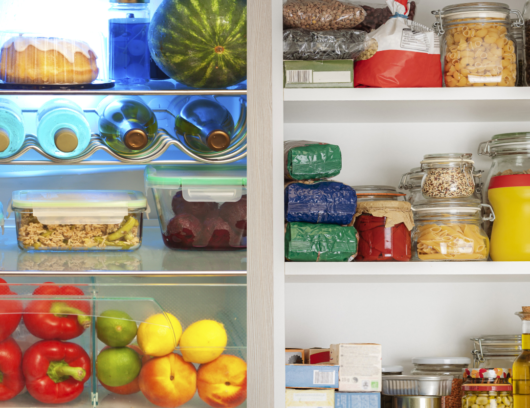 A refrigerator shelf next to a pantry shelf, each neatly stocked.