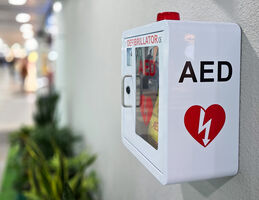 An AED box hanging on a wall.